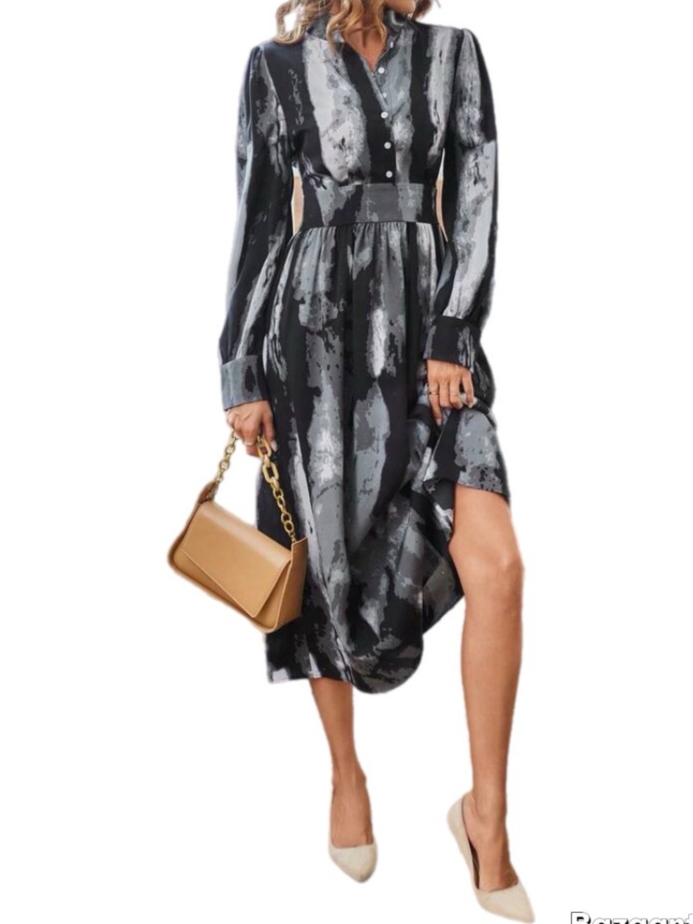 SHEIN Black & White Tie-Dye Long-Sleeve Bishop Collar Button Modest Midi Dress L